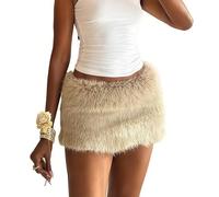 KWISUAWHGA Mini-Jupes En Fourrure Duveteuse Pour Femmes Sexy Taille Basse Moulante Tendance Y2K Tenue De Concert Style Cowgirl Automne-Hiver,Kaki,S