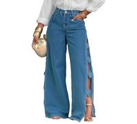 KWISUAWHGA Pantalon En Jean Fendu Sur Le Côté Pour Femme Taille Haute Fleurs Tridimensionnelles Ajouré Sexy Jambe Large Tendance Y2K,Bleu,L