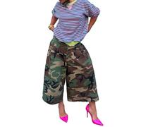 KWISUAWHGA Short Ample Décontracté pour Femme Pantalon Capri Camouflage à Jambes Larges Plissé Style Streetwear avec Poches,Camouflage,XXL