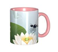 Kwjsdfea Tasses à café en céramique colorée avec poignée - Motif libellule avec nénuphar - 325 ml - Pour café, thé, cappuccino, cacao, céréales, rose