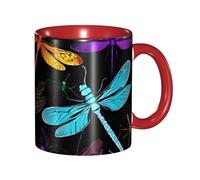 Kwjsdfea Tasses à café mignonnes avec imprimé libellule, 325 ml, tasses à café colorées en céramique avec poignée, tasses de restaurant pour café, thé, cappuccino, cacao, céréales, rouge