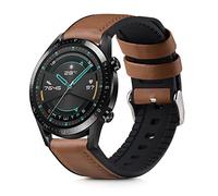 kwmobile Bracelet compatible avec Huawei Huawei Watch GT / GT2 / GT3 (46mm) bracelet - Bracelet de rechange en cuir véritable et silicone - marron-noir