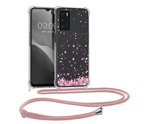 kwmobile Coque Collier Compatible avec Oppo A16 / A16s / A54s Coque - Housse en Silicone avec Cordon de Collier - Rose Clair-Brun foncé-Transparent