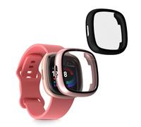 kwmobile Coque Compatible avec Fitbit Versa 4 / Sense 2 Coque - 2X Étui Cadre écran en Verre trempé pour Fitness Tracker - Noir-Rose Ancien