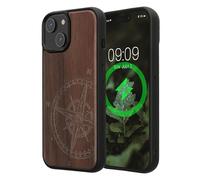 kwmobile Coque de Protection en Bois Véritable Compatible avec Apple iPhone 15 - Coque en Bois Boussole
