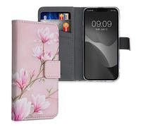 kwmobile Coque Portefeuille Compatible avec Apple iPhone 13 Mini Coque - Étui à Rabat Tissu Similicuir Compartiment Cartes - Rose Clair-Blanc-Rose Ancien