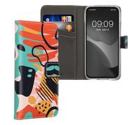 kwmobile Coque Portefeuille Compatible avec Google Pixel 8a Coque - Étui à Rabat Tissu Similicuir Compartiment Cartes - Bleu foncé-Orange-Rose Ancien