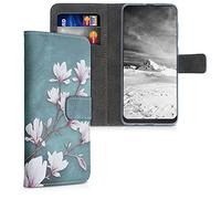 kwmobile Coque Portefeuille Compatible avec Samsung Galaxy A50 Coque - Étui à Rabat Tissu Similicuir Compartiment Cartes - Taupe-Blanc-Bleu-Gris