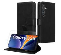 kwmobile Coque Portefeuille Compatible avec Samsung Galaxy S25 Coque - Coque avec Porte-Cartes Protection RFID et Film Écran en Verre Trempé - Noir
