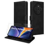 kwmobile Coque Portefeuille Compatible avec Xiaomi Redmi 14C / Poco C75 Coque - Coque avec Porte-Cartes Protection RFID et Film Écran en Verre Trempé - Noir