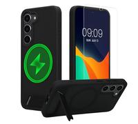 kwmobile Coque pour Samsung Galaxy S23 Coque - Compatible avec MagSafe - avec Support et Protecteur d’écran en Verre trempé - Noir-Transparent Mat