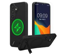 kwmobile Coque pour Samsung Galaxy S25 Coque - Compatible avec MagSafe - avec Support et Protecteur d’écran en Verre trempé - Noir-Transparent Mat