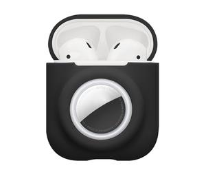 kwmobile Étui 2 en 1 compatible avec Apple Airpods 1 & 2 et AirTag - Coque casque Bluetooth - Protection en silicone avec mousqueton - Noir