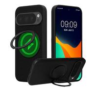 kwmobile Étui Compatible avec Google Pixel 10 / Pixel 10 Pro - Coque Haut de Gamme en Cuir PU - Texture Fibre de Carbone - Support 360° Inclus - Compatible avec MagSafe