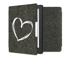 kwmobile Étui liseuse Compatible avec Kobo Aura H2O Edition 2 - Housse à Rabat Magnétique en Feutre pour eBook - cœur Peint Blanc-Gris foncé