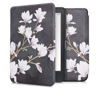 kwmobile Étui liseuse compatible avec Kobo Clara HD - Housse avec rabat magnétique en simili cuir - magnolias taupe-blanc-gris foncé