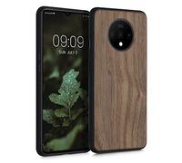 kwmobile Housse Compatible avec OnePlus 7T Coque - Étui de Protection Rigide en Bois avec Cadre en TPU - Brun foncé Bois