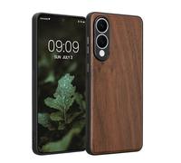 kwmobile Housse Compatible avec Samsung Galaxy S25 Edge Coque - Étui de Protection Rigide en Bois avec Cadre en TPU - Brun foncé Bois