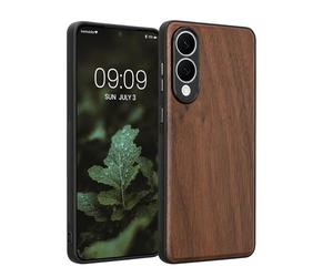 kwmobile Housse Compatible avec Samsung Galaxy S25 Edge Coque - Étui de Protection Rigide en Bois avec Cadre en TPU - Brun foncé Bois
