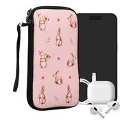 kwmobile Housse de Protection pour Smartphone XL - 6,7/6,8" - Sacoche de Protection pour Téléphone Portable en Néoprène Lapins et Fleurs Blanc-Marron-Rose pâle