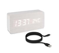 kwmobile Réveil Bois LED - Horloge Digitale Aspect Bois - Réveil Matin Tactile avec Fonction Date Heure Température - Rectangle Blanc et LED Blanc