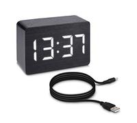 kwmobile Réveil Bois LED - Horloge Digitale Aspect Bois - Réveil Matin Tactile avec Fonction Date Heure Température - Rectangle Noir et LED Blanc
