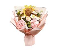 KWQBHW Bouquet de Fleurs au Crochet Terminé, Bouquet Tricoté à la Main, Tournesol Artificiel, Roses, Marguerites, Kit de Sac Cadeau pour la Fête des Mères, Un Anniversaire, la Saint-Valentin(Rose)