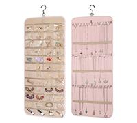 KWQBHW Organiseur de bijoux à suspendre double face, support mural pour boucles d'oreilles avec 48 poches et 39 crochets, support de collier de placard pour boucles d'oreilles, bracelets, bagues,