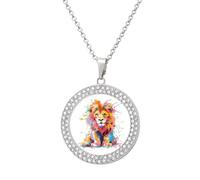 KWQDOZF Collier rond personnalisé avec image de lion aquarelle, pendentif diamant, bijou souvenir personnalisé, cadeau pour hommes et femmes
