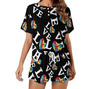 KWQDOZF Ensemble Pyjama Femme Puzzle cœur pour la Sensibilisation à l'Autisme, Haut à Manches Courtes, vêtement de Nuit et d'intérieur idéal pour l'été à la Maison