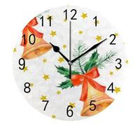 KWQDOZF Horloge Murale en PVC Aquarelle, Cloches de Noël dorées, Ronde, numérique, silencieuse, Grand Nombre, Facile à Lire, Fonctionne à Piles, sans Cadre, légère, 9,8 Pouces