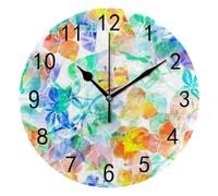 KWQDOZF Horloge Murale Ronde numérique en PVC, Motif Nature, Fleurs et Feuilles, Aquarelle, silencieuse, Grand Nombre, Facile à Lire, Fonctionne à Piles, sans Cadre, légère, 9,8 Pouces