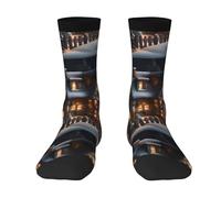 KWQDOZF Maison de village de Noël 4 chaussettes mi-mollet pour tous : confortables, élastiques, s'adaptent à une longueur de 36 à 45 pieds