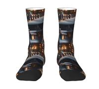 KWQDOZF Maison de village de Noël 4 chaussettes mi-mollet pour tous : confortables, élastiques, s'adaptent à une longueur de 36 à 45 pieds
