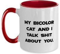 KWQDOZF Mug à café fantaisie « Chat bicolore pas cher, on parle de toi », en céramique imprimée recto verso, 325 ml (11 oz), idéal pour maman, papa, un ami, une épouse ou un mari.