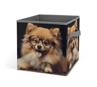 KWQDOZF Panier de rangement pliable en tissu avec motif chien de Poméranie portant des lunettes, avec poignée, idéal pour placard ou buanderie.
