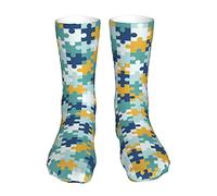KWQDOZF Puzzle coloré Mois de sensibilisation à l'autisme Mois de sensibilisation au syndrome de Down Chaussettes fantaisie Crew Chaussettes Robe Tube Bas Cadeaux Décor pour hommes femmes
