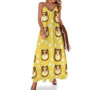 KWQDOZF Robe Longue à Pois Jaunes pour Femme, Motif cochons d'Inde, Bretelles Spaghetti Sexy, Coupe Fluide et trapèze