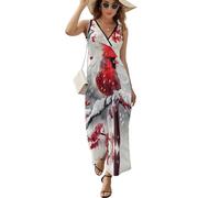 KWQDOZF Robe Longue d'été décontractée sans Manches à imprimé Red Bird Snowy Day pour Femme, col en V, débardeur