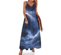 KWQDOZF Robe Longue Sexy à Bretelles Spaghetti pour Femme, Motif Phare en mer sous Une Pluie battante, Coupe Fluide et trapèze