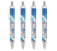KWQDOZF Stylo à bille rétractable Santorin, Grèce, encre bleue, pour hommes et femmes, lot de 4