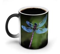 KWQDOZF Tasse à café décolorée 12 oz, motif libellule bleue, en céramique, avec poignée, changeant de couleur, amusante, pour thé, soupe, lait, latte
