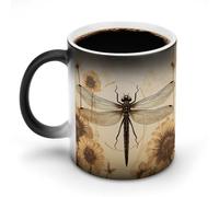 KWQDOZF Tasse à café décolorée 12 oz, motif libellule sur tournesol, en céramique avec poignée, changeant de couleur, amusante, pour thé, soupe, lait, latte