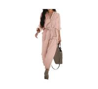 KWTF Automne Femmes Rétro Décontracté Coton et Lin Poche Manches Longues Taille Élastique Combinaison Avec Ceinture Grande Taille Unie Pantalon Une Pièce