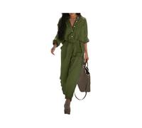 KWTF Automne Femmes Rétro Décontracté Coton et Lin Poche Manches Longues Taille Élastique Combinaison Avec Ceinture Grande Taille Unie Pantalon en Une Pièce