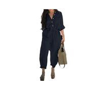 KWTF Automne Femmes Rétro Décontracté Coton et Lin Poche Manches Longues Taille Élastique Combinaison Avec Ceinture Taille Plus Unie Pantalon en Une Pièce