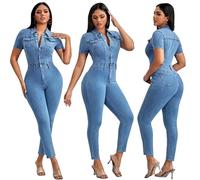 KWTF Combinaison sexy extensible à manches courtes en jean pour femme