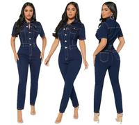 KWTF Combinaison sexy extensible à manches courtes en jean pour femme, bleu marine, M