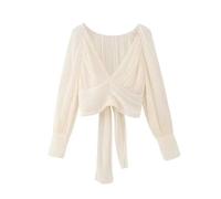 KWTF Femmes Mode col en V plissé en Mousseline de Soie Courte Smock Blouse Bureau Dames Dos nœud noué Chemise Courte Hauts