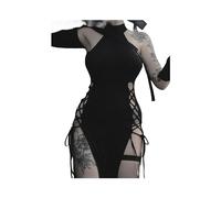 KWTF Goth Dark Cosplay - Robe mi-Longue à Bandes, Sexy, Fente Haute, col Licou, Slim, Noire, Style Grunge, vêtements de fête Alt, Y2K